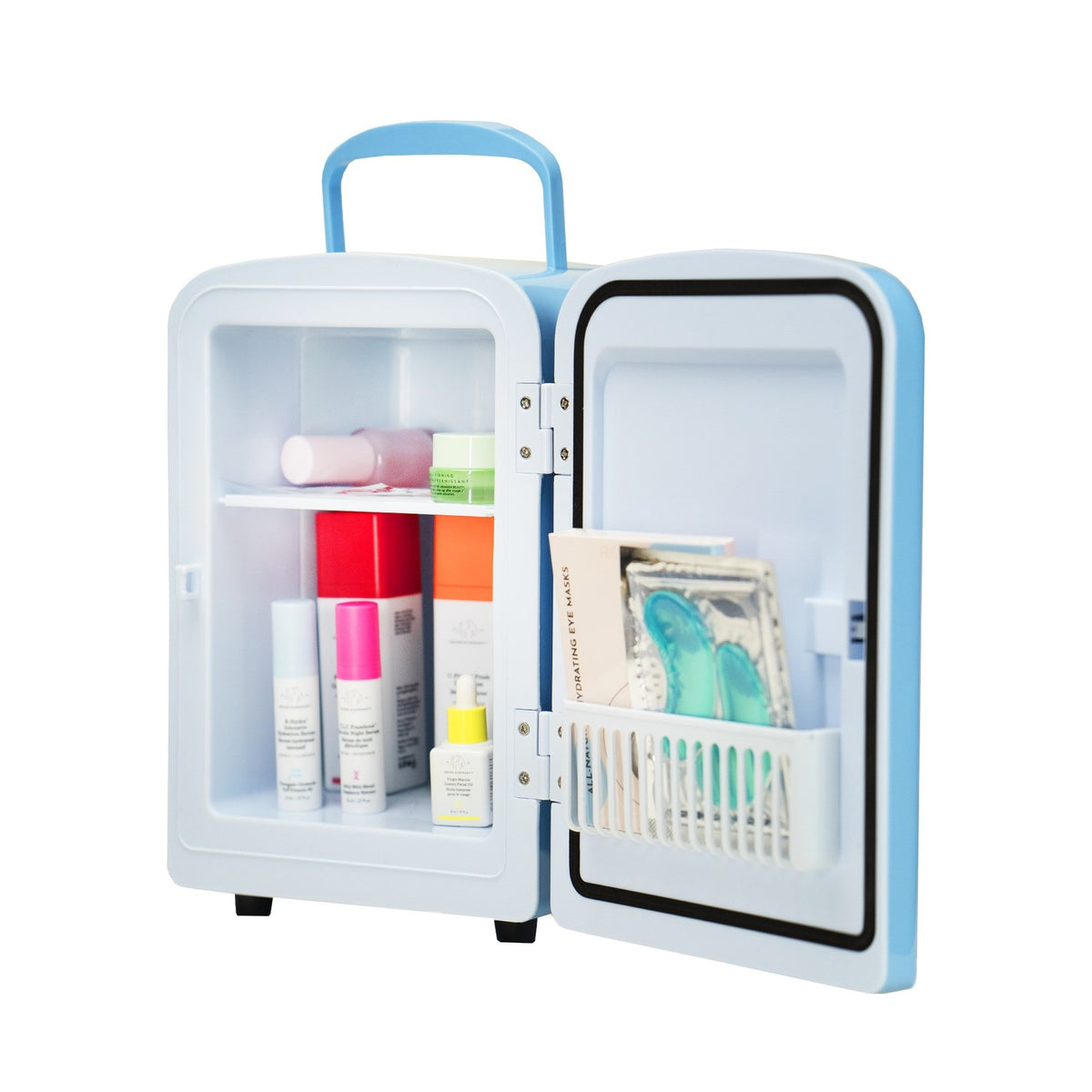 Mini Fridge – Blue – open, filled with skincare